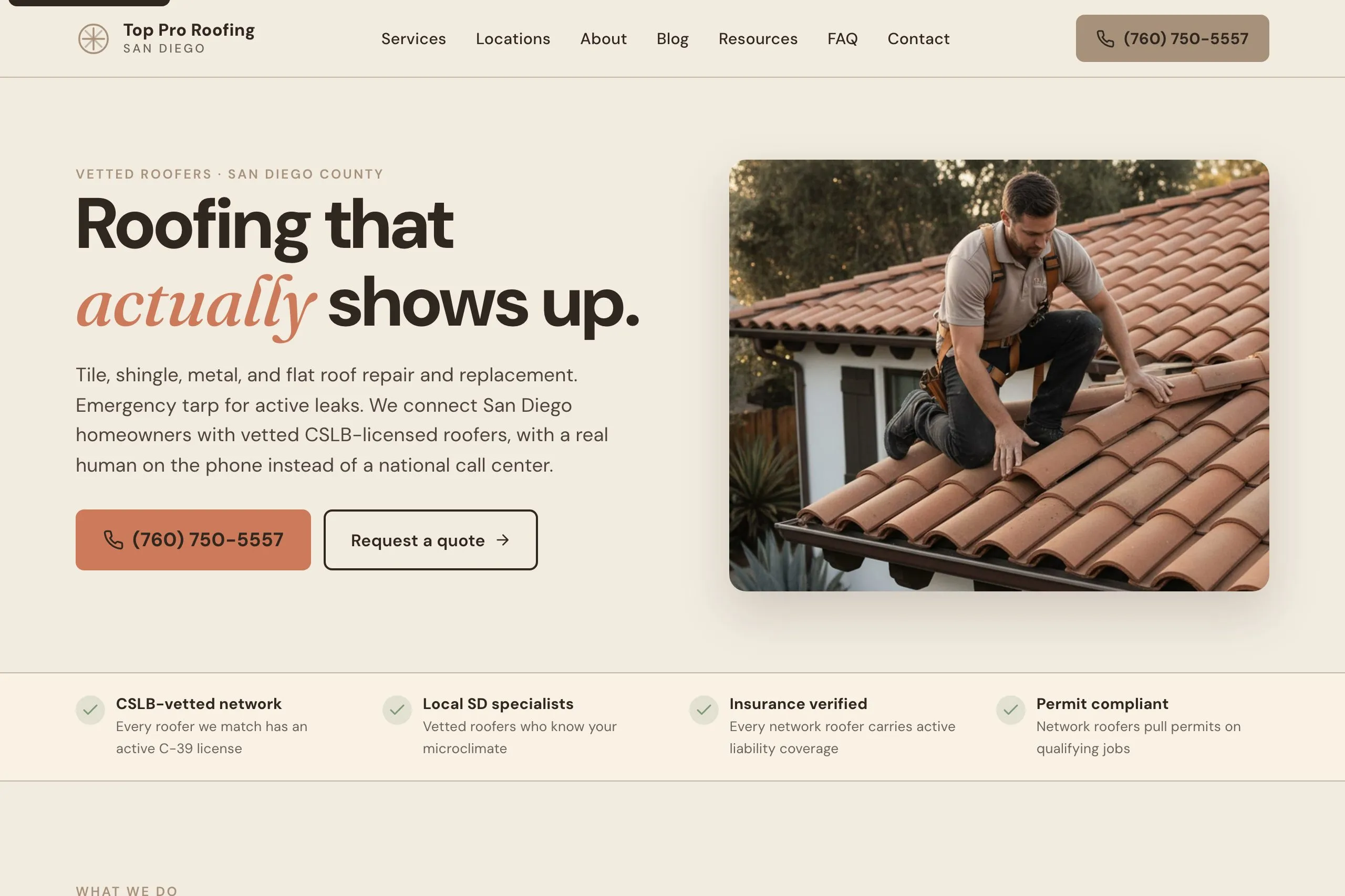 Top Pro Roofing SD homepage