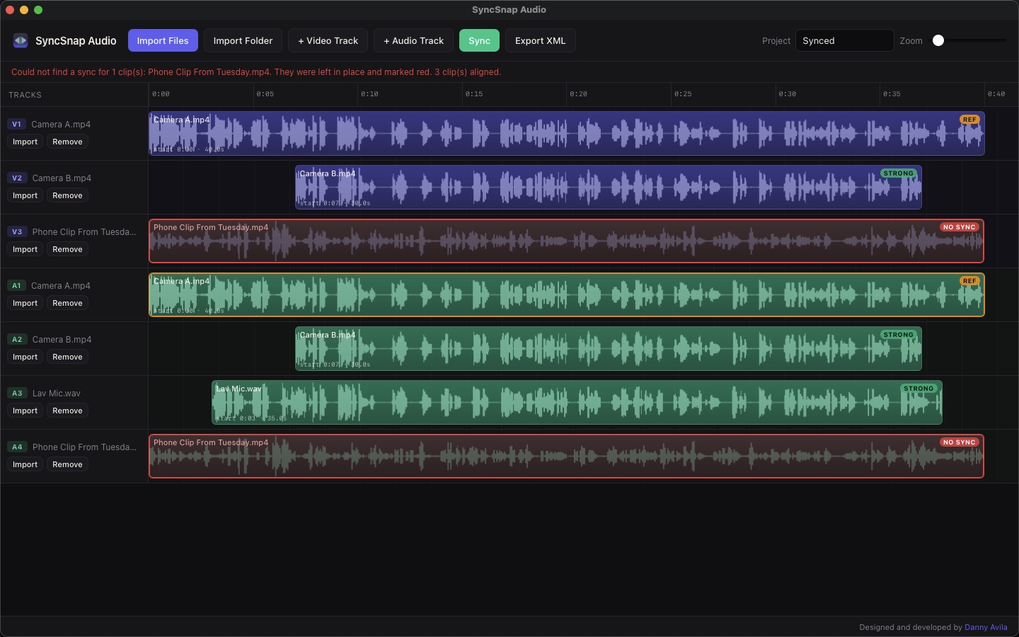 SyncSnap Audio with two cameras and a lav mic aligned on the timeline, and an unrelated phone clip flagged in red as no sync.