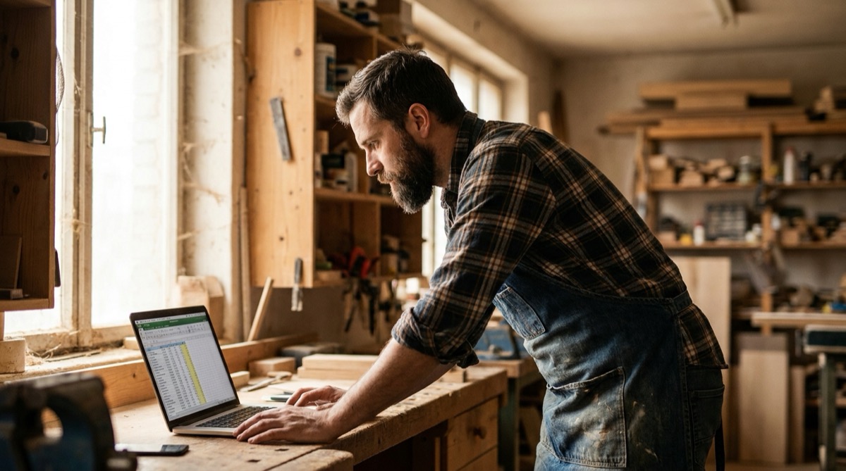 A small business owner standing in a workshop reviewing a laptop screen with natural light coming through a window