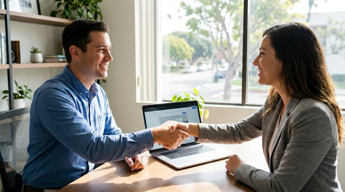 A San Diego business owner shaking hands with a web developer across a desk with a laptop showing a website mockup